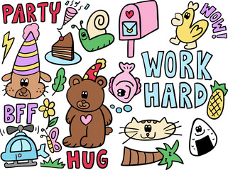 Naklejka premium Vector illustrations of kid drawing elements such as puppy wearing party hat, teddy bear, chocolate cake slice, snail, post box, fish, chicken, cat, coconut tree, butterfly, helicopter, pineapple