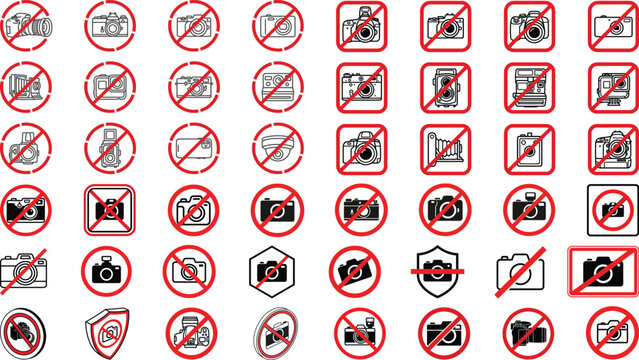 Collection of no photography forbidden camera icons in red prohibition signs