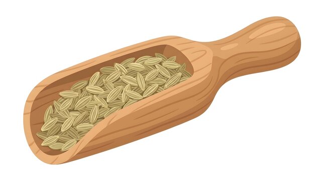Vector illustration of a wooden scoop filled with dry seeds, such as fennel or cumin. Ideal for culinary and natural ingredient graphics.