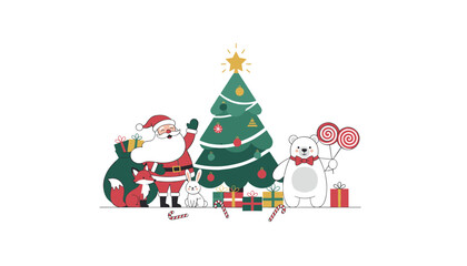 Naklejka premium Cute Christmas greeting illustration with Santa Claus, friendly forest animals, and a decorated holiday pine tree.