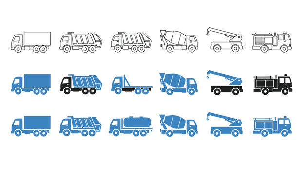 Heavy vehicle icons showing various industrial trucks such as dump trucks, concrete mixers, cranes, and fire engines.