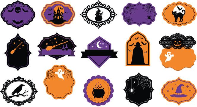 Set of halloween labels and frames with spooky elements like ghosts, bats, pumpkins, witches, and spiders
