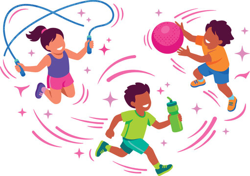 Active Kids Fitness Vector Illustration Set Featuring Children Jumping Rope Catching Playground Ball Running and Holding a Water Bottle
