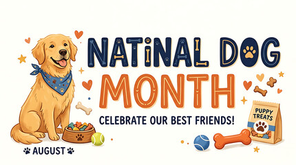 Fototapeta premium National Dog Month celebration graphic. Cute golden retriever with puppy treats and toys.