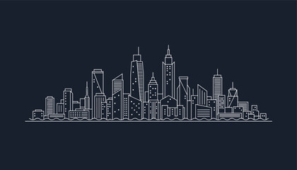 Fototapeta premium Elegant minimalist white line art city skyline featuring modern skyscrapers and tall buildings on dark blue background.