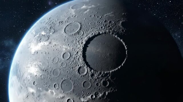 A massive giant satellite hangs in the dark vacuum of infinite space as huge impact craters mark the scarred surface of this mysterious terrestrial sphere orbiting within our vast starry galaxy