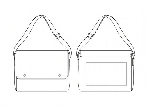 Everyday flap messenger bag flat CAD template presenting clean front and rear view with spacious main pocket and crossbody strap