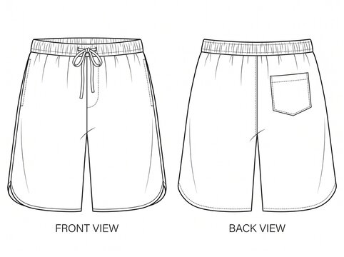 Athletic sweat shorts front and back view vector CAD sketch showcasing side pockets elastic waist and clear seam lines