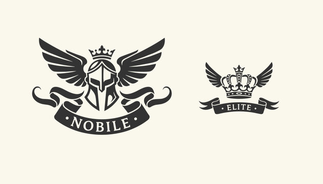Winged spartan helmet logo with crown and ribbon for noble and elite branding in black on a cream background.