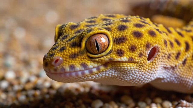 Close-up portrait of a colorful leopard gecko on sandy ground