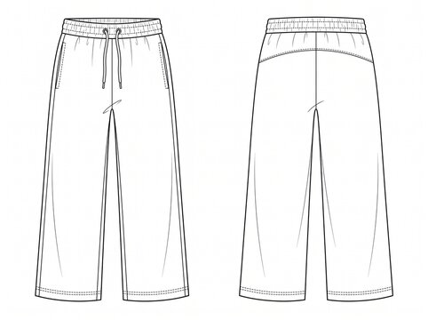 Wide leg lounge pants vector technical sketch displaying front and back view with elastic waistband and relaxed silhouette