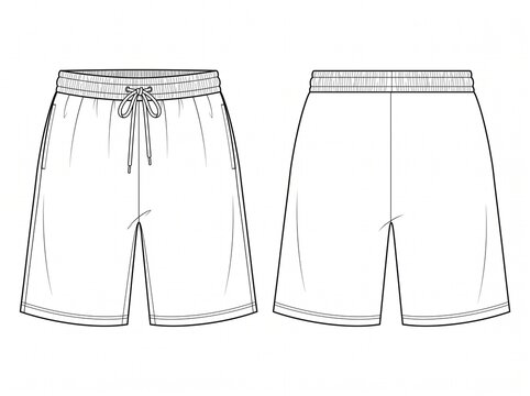 Basic summer lounge shorts flat technical CAD blueprint with front and back perspective side pockets and elastic waist