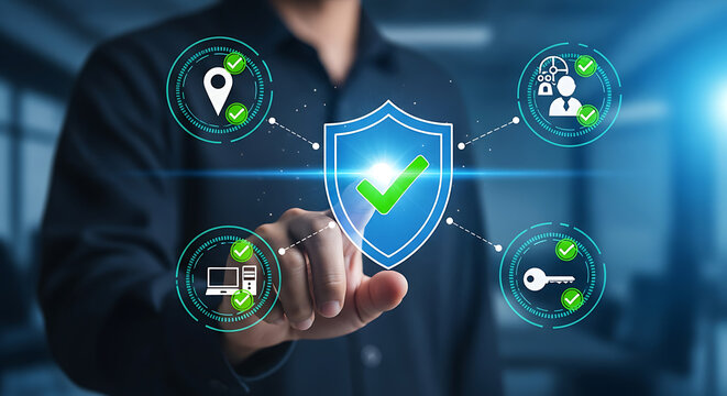 Businessman interacting with a digital shield icon representing cybersecurity and data protection.