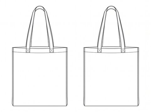 Classic canvas tote bag shoulder shopper vector technical sketch featuring front and back view with dual shoulder straps