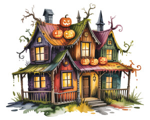 Fototapeta premium watercolor Halloween Haunted Village House vector illustration isolated on white background