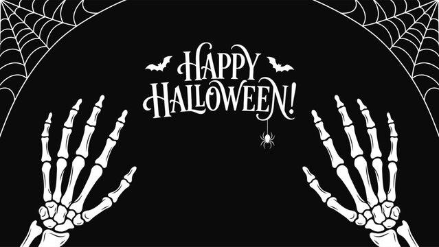 Skeleton hands reaching towards Happy Halloween text on black background