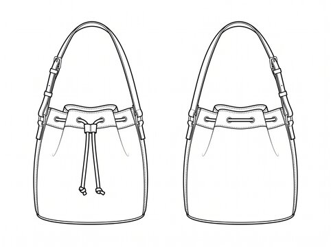 Minimalist bucket drawstring crossbody purse technical fashion CAD layout featuring adjustable shoulder strap and spacious drawstring pouch