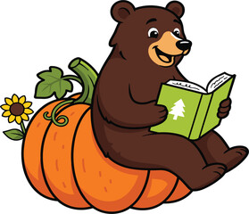 Fototapeta premium Cute Cartoon Brown Bear Character Sitting on a Large Autumn Pumpkin Reading a Book for Children Storybooks Education and Thanksgiving Vector Illustration