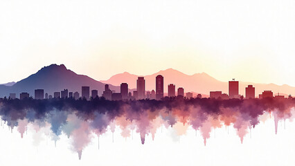 Fototapeta premium Watercolor Phoenix silhouette over Camelback Mountain and downtown skyline on white background