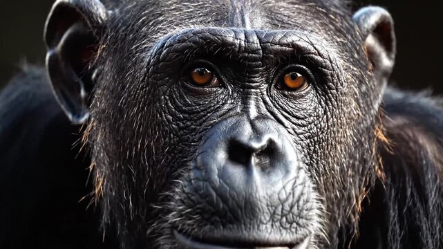 Close-up portrait of an adult chimpanzee looking directly at camera