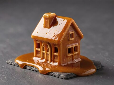 caramel house dessert sculpture melting glossy candy confectionery sweet treat edible artwork studio shot