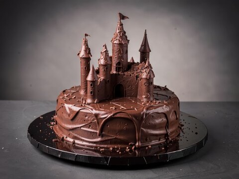 Chocolate Castle Cake with Drizzled Frosting and Tower Details &ndash; Dark Fantasy Dessert Design