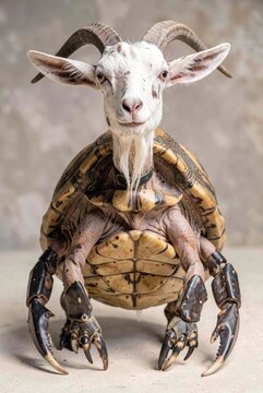 Goat-headed turtle with giant claws and horns posing front-facing studio portrait surreal animal hybrid creature