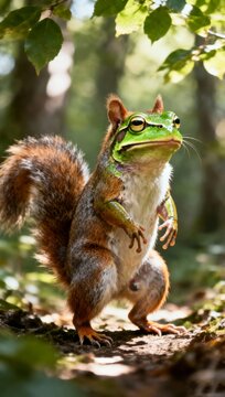 Surreal forest creature hybrid squirrel frog standing alert under dappled sunlight natural wildlife fantasy animal portrait