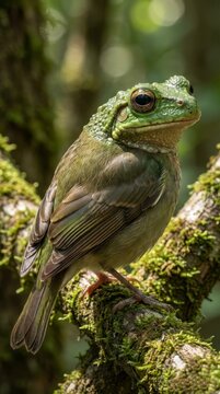 Cute green frog bird hybrid perched mossy tree branch nature forest wildlife close-up realistic macro photography