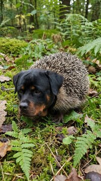 Adorable Rottweiler Puppy Surprises Forest Floor With Spiky Hedgehog Mix&mdash;Nature&rsquo;s Quirky Duo Amid Lush Ferns & Moss