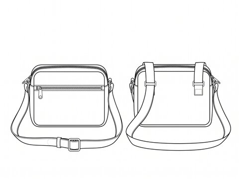 Compact travel crossbody bag technical vector template showcasing front and rear elevation with adjustable sling strap and zip entry