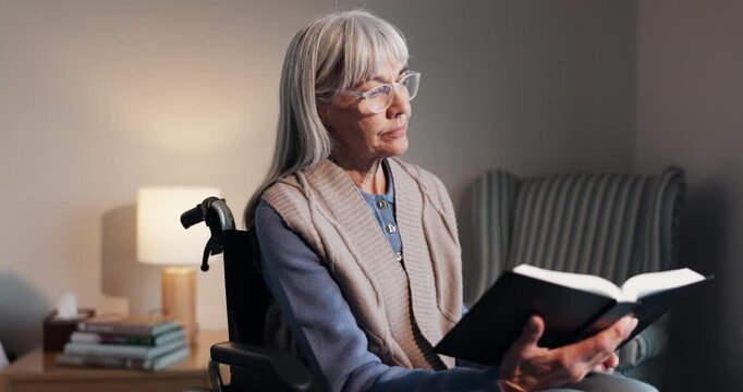 Christian, bible and senior woman in wheelchair, reading and worship with holy scripture or religion. Praise, God and old person with disability, faith and studying spiritual guide in nursing home