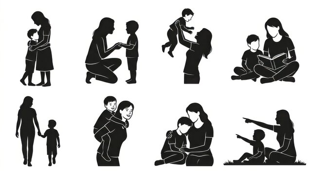 Black silhouette collection of a mother and her young son doing daily family activities isolated on white background