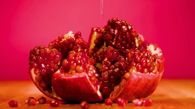 Fresh cracked open pomegranate showing juicy ruby red arils seeds 4K