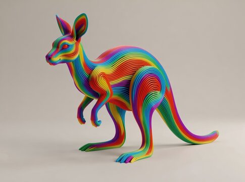 Vibrant Rainbow Kangaroo Sculpture Abstract Animal Artwork Modern Colorful Design Studio Lighting