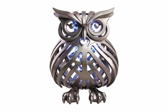 Modern metallic owl lamp with glowing blue eyes and intricate wireframe design perfect for contemporary home decor