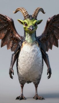 Green Horned Winged Creature With Metallic Feathers Standing On Gray Surface In Studio Lighting