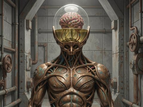 Mechanical Brain Experiment Displayed in Glass Dome within Industrial Rusty Pipeline Facility