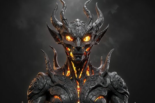Dark demonic figure with glowing orange eyes and fiery armor against black background, fantasy horror creature