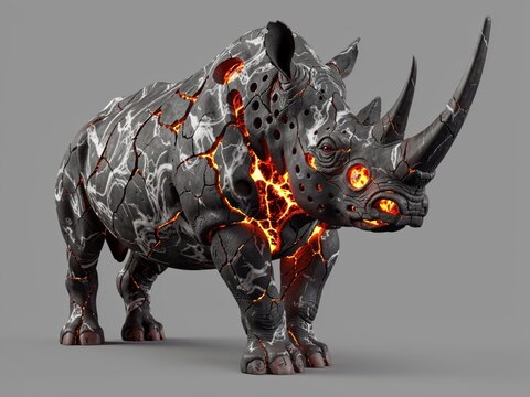 Fiery lava rhino creature with glowing eyes and cracked volcanic skin standing menacingly against gray studio backdrop