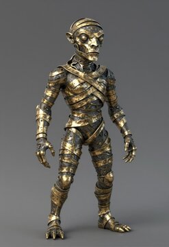 Metallic armored alien creature standing pose bronze gold mechanical fantasy sci-fi character detailed armor design