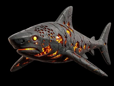 Fiery Lava Shark Sculpture With Glowing Eyes And Cracked Metal Texture Against Black Background