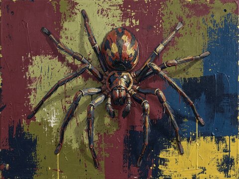 Bold Spider Art Painting Abstract Background Vibrant Colors Textured Canvas Realistic Arachnid Illustration