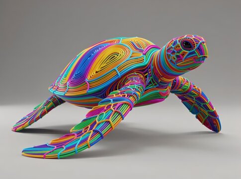 Vibrant Rainbow Wire Sculpture of Sea Turtle Swimming in Abstract Modern Art Installation