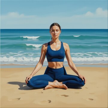 Woman practicing yoga meditation on beach wearing blue athletic outfit near ocean waves under clear sky