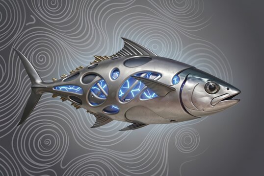 Futuristic metallic tuna fish with glowing blue internal energy circuits swimming through swirling abstract water patterns