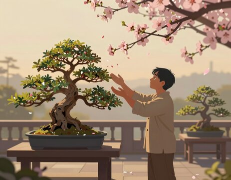 Young man admires cherry blossoms falling gently near bonsai tree on balcony during soft spring morning light