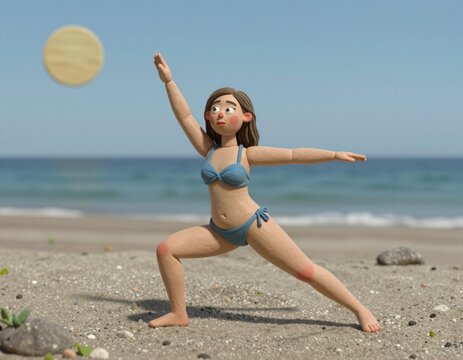 Clay figurine woman practicing yoga pose on sandy beach near ocean under sunny sky