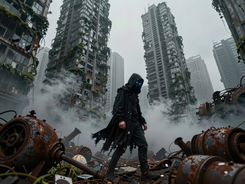 Post-Apocalyptic Survivor Walking Through Ruined City Amidst Foggy Overgrown Skyscrapers With Rusty Machinery