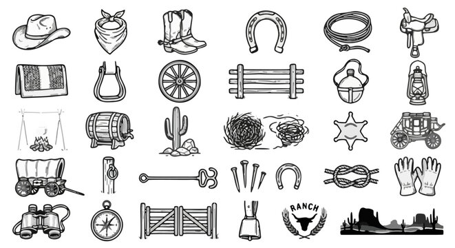 Vintage wild west icons set, hand drawn cowboy ranch elements, rustic western vector illustrations for branding and outdoor adventure design